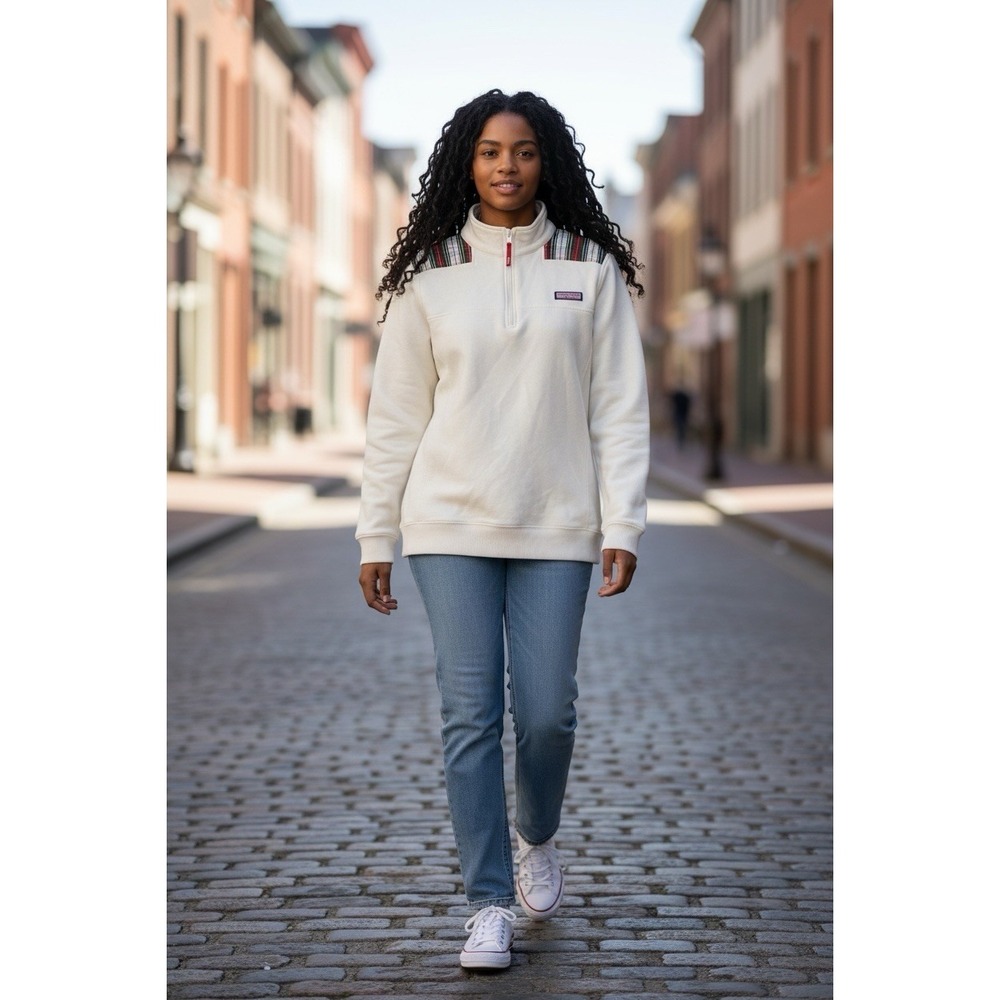 Vineyard Vines 1/4 Zip Pullover Sweatshirt White Plaid Trim Women's XS